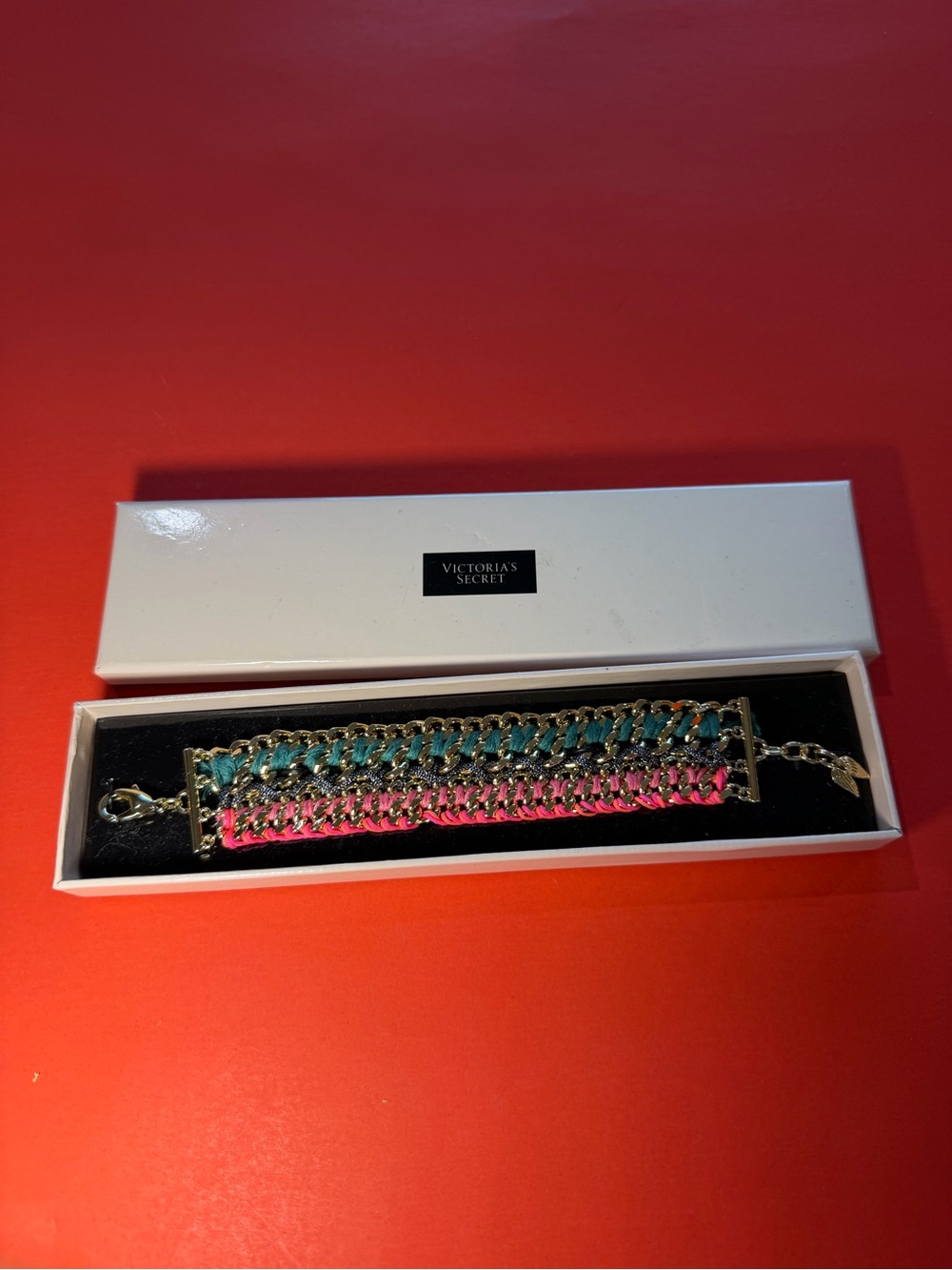 Victoria's Secret Pink and Teal Braided Gold-Tone Bracelet